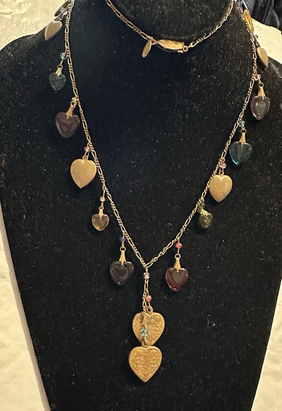 Vintage Glass Works Studio Glass & Brass Heart Charms Multi Color Necklace