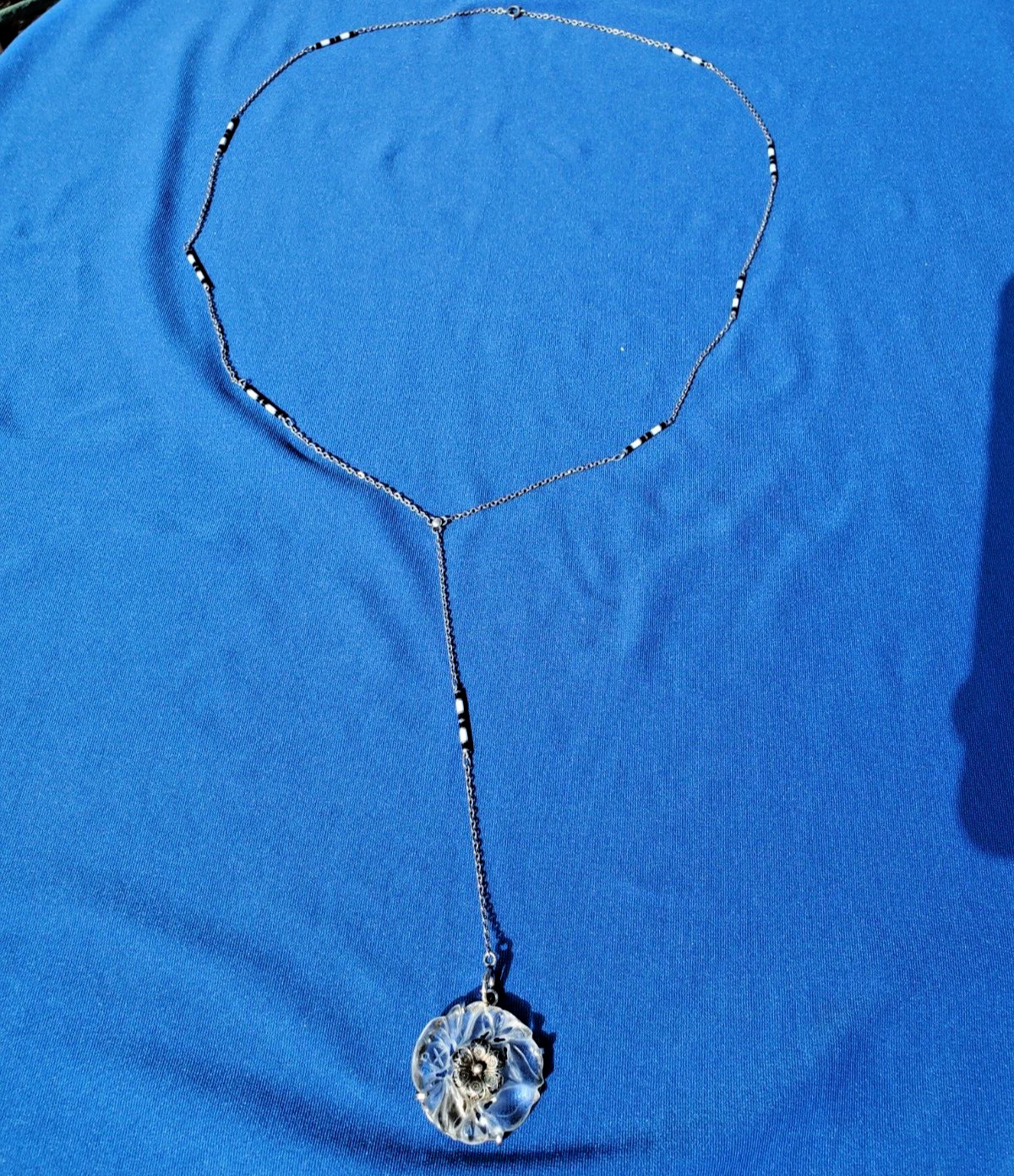ORIGINAL Deco Guilloche Enamel STERLING SILVER 925 Necklace Antique Chain 24″ IN