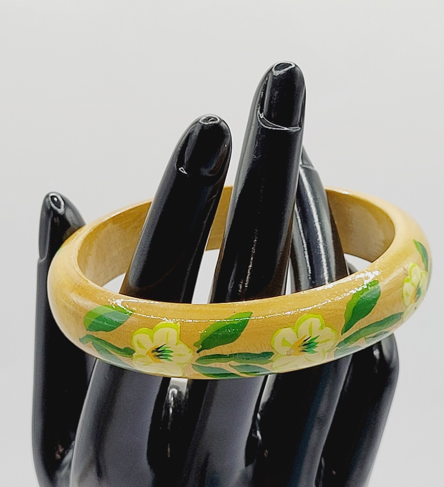 Wood Bangle Hand Painted Cream Flowers Green Leaves Lacquered Bangle Bracelet
