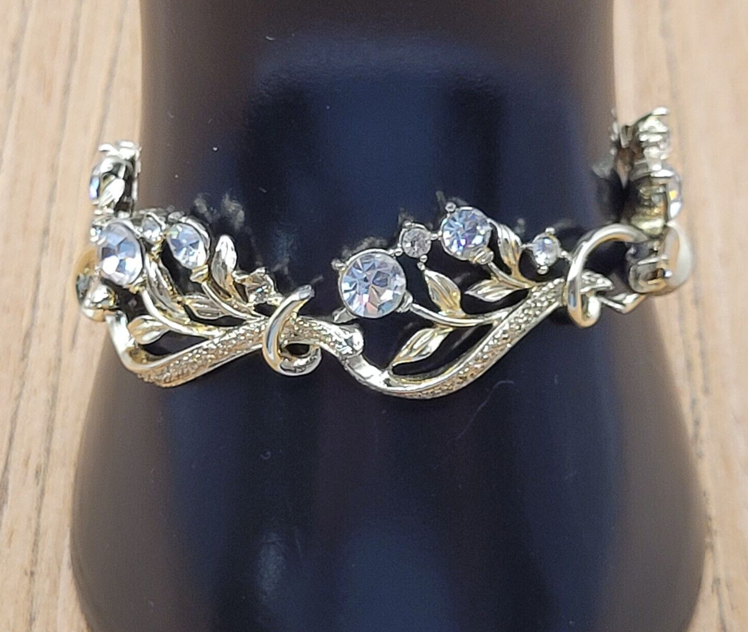 CORO 1960s Clear Rhinestone Bracelet Flower Theme Missing One Small Stone 7 Inch