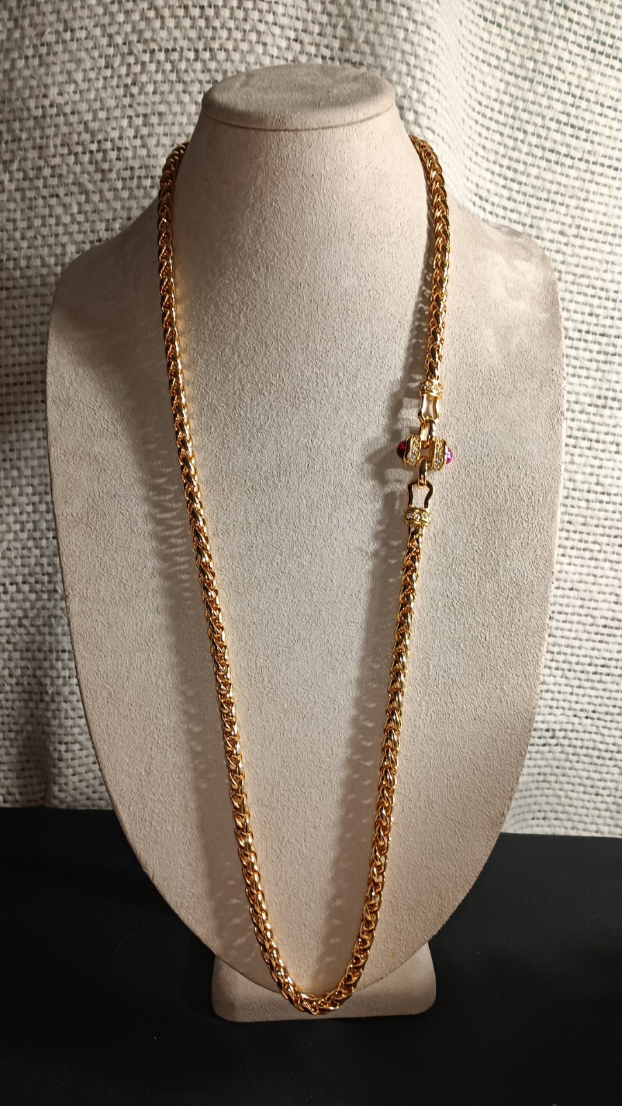 VTG Nolan Miller Chunky Red Cabochon Gold Tone Long Spiga Wheat Chain Necklace