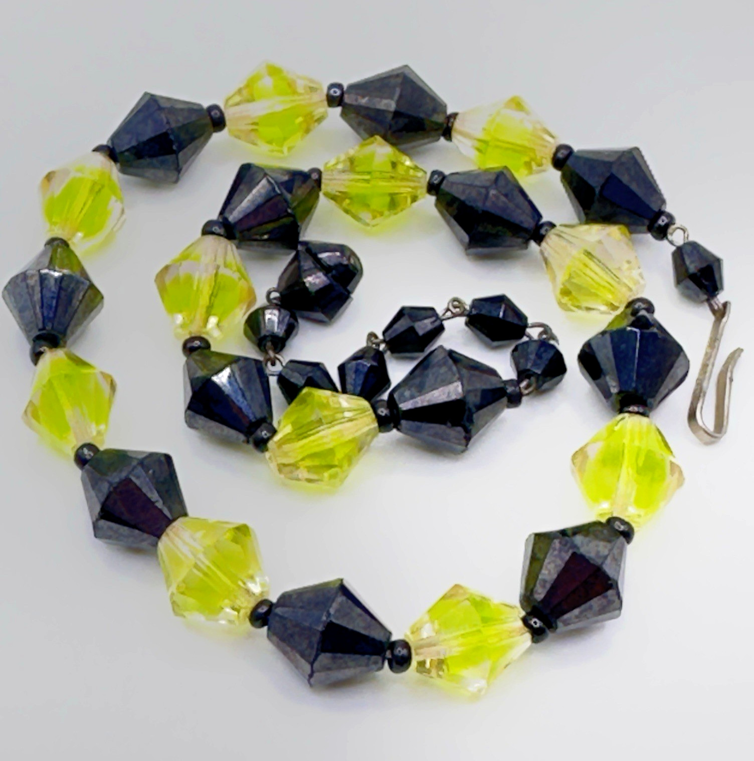 Vintage West Germany Necklace Black & Chartreuse Bicone Glass Bead Choker 15”