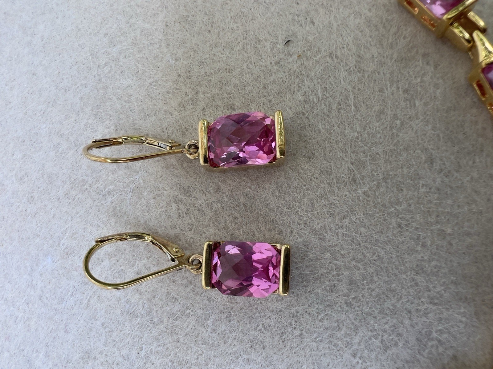 Vintage Sterling Silver Vermeil & Cushion Cut Pink Quartz 7” Bracelet & Earrings