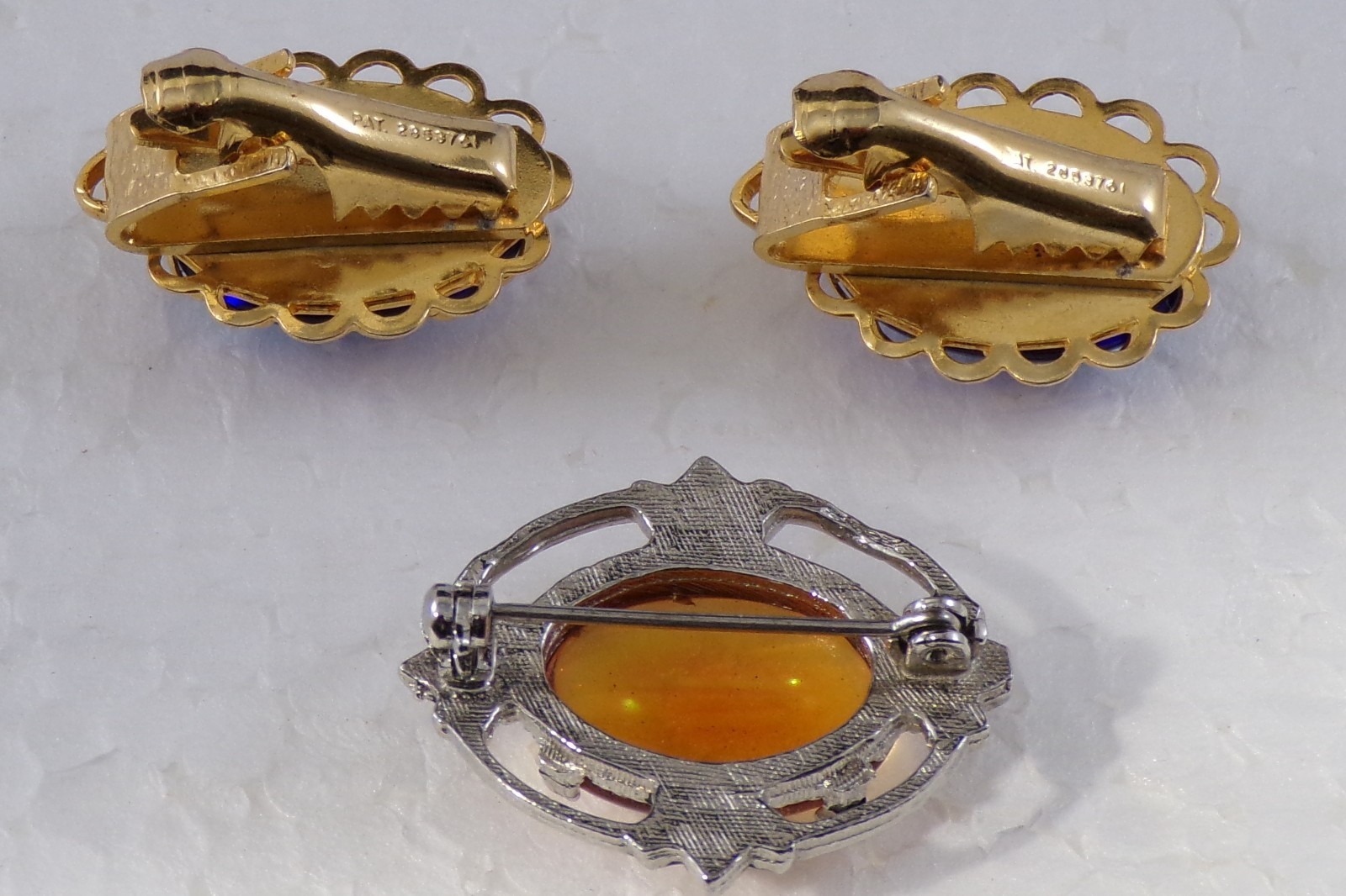 Vintage Iridescent EARRINGS and BROOCH PIN Oil Slick Glass Cabochon 1950-60s