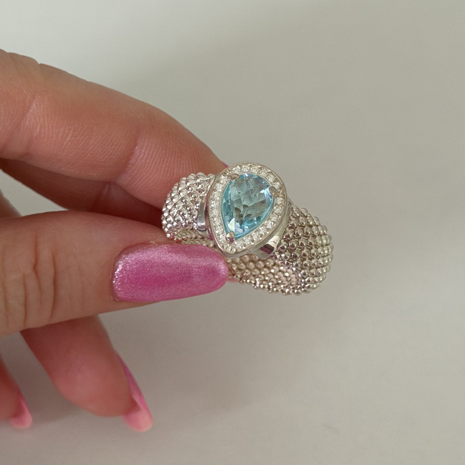 925 Italy Sterling Silver Genuine Blue Topaz Pear White Topaz Mesh Ring Size 9
