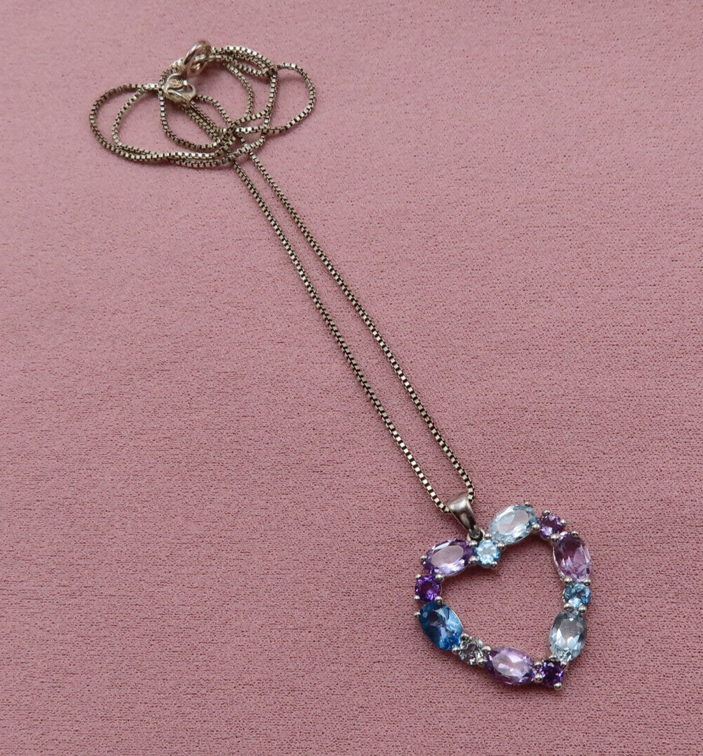 Vintage Sterling Silver Necklace Heart Pendant Purple Blue Topaz Gemstones 313c