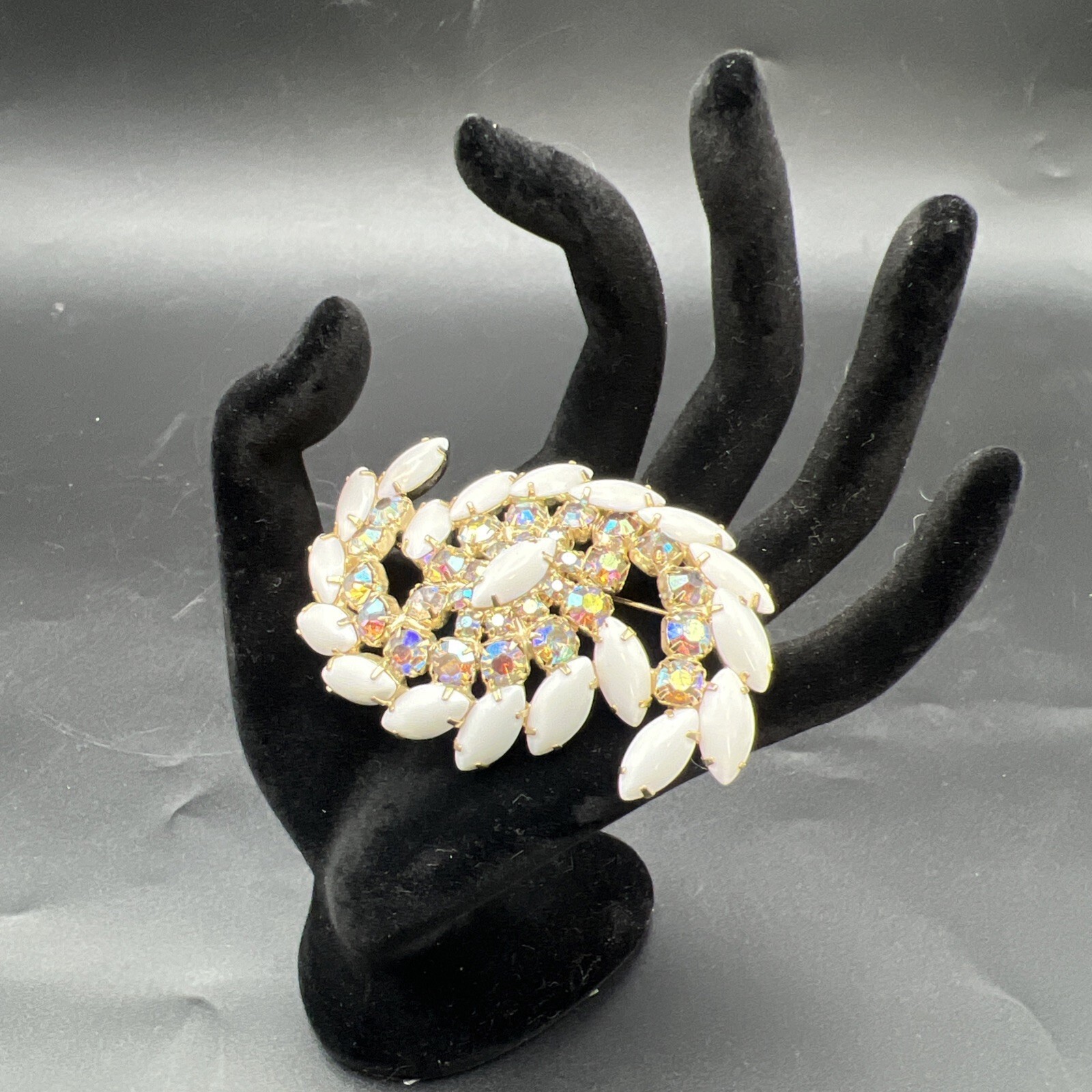 Vintage Aurora Borealis Rhinestone Milk Glass Large Swirl 3″ Brooch Pin