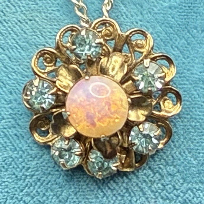 Custom Vintage Faux Opal & Blue Rhinestone Pendant Necklace, Very Fetching! OOAK