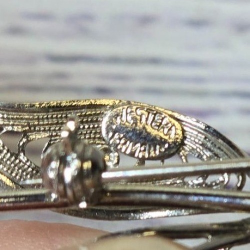 Antique Western Germany1940’s Silver Tone Filigree Bow Pin Brooch Jewelry signed