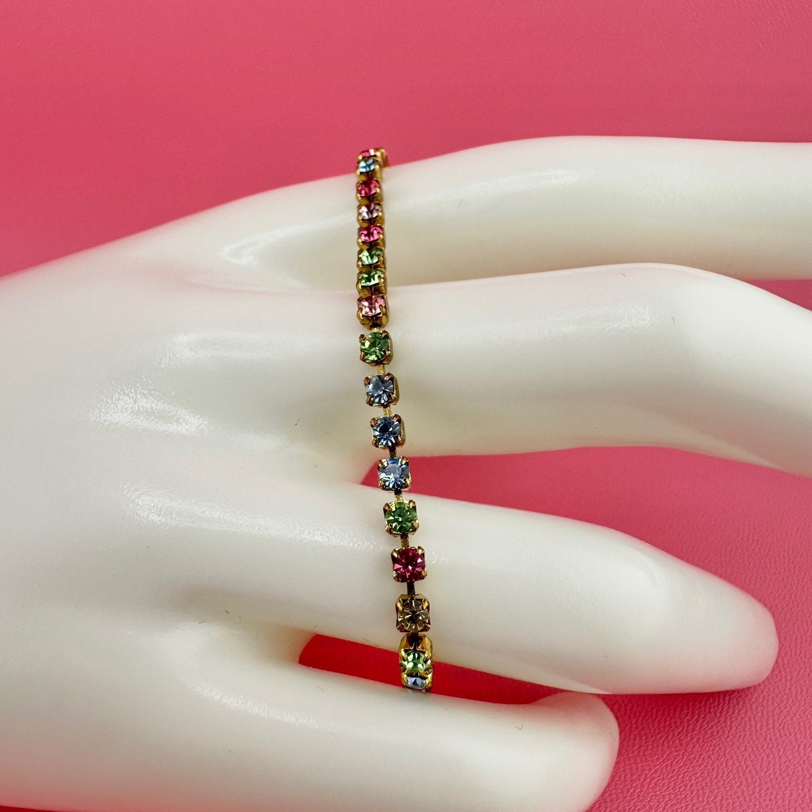 Vintage Rhinestone Bracelet Pastel Multi Color Gold Tone Tennis Cup Chain 6.75″