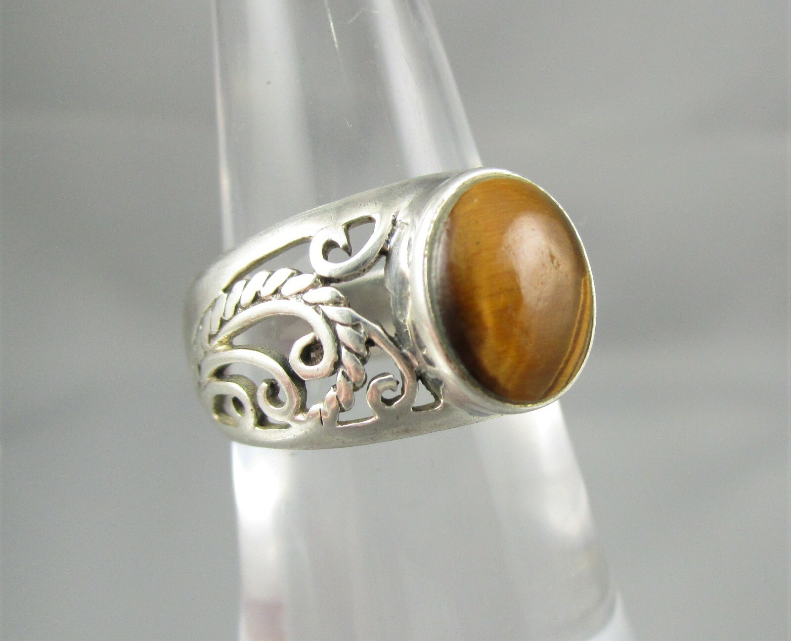 Filigree Sterling and Tigers Eye Ring Signed CW 925 Size 5.25 #4797E