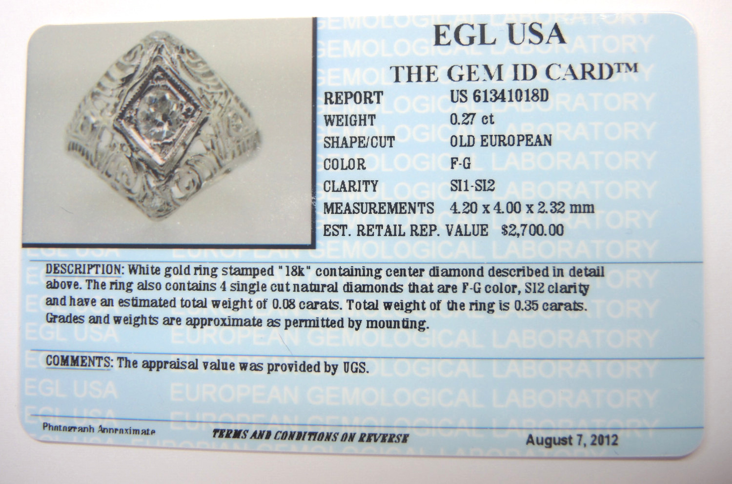 Antique Art Deco Diamond Engagement 18K White Gold Ring Size 5.75 EGL USA