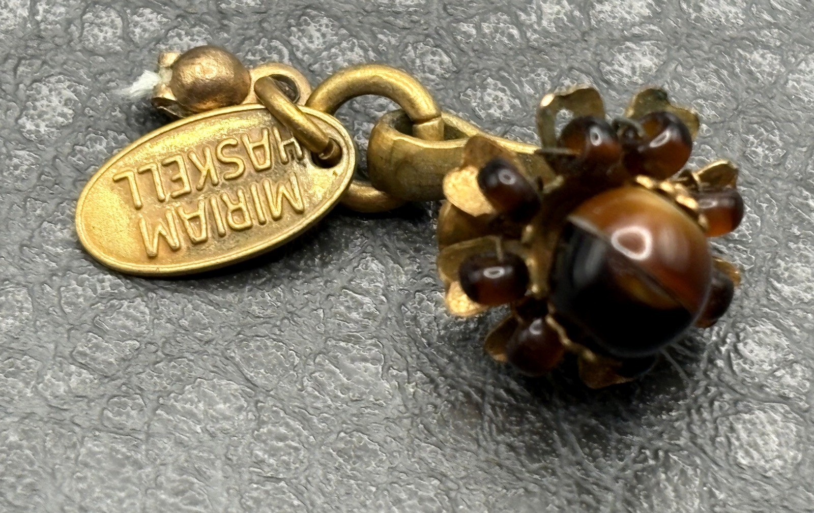 VTG Miriam Haskell Gold Tone Brown Bead Cluster Hook Clasp Tag For Repairs