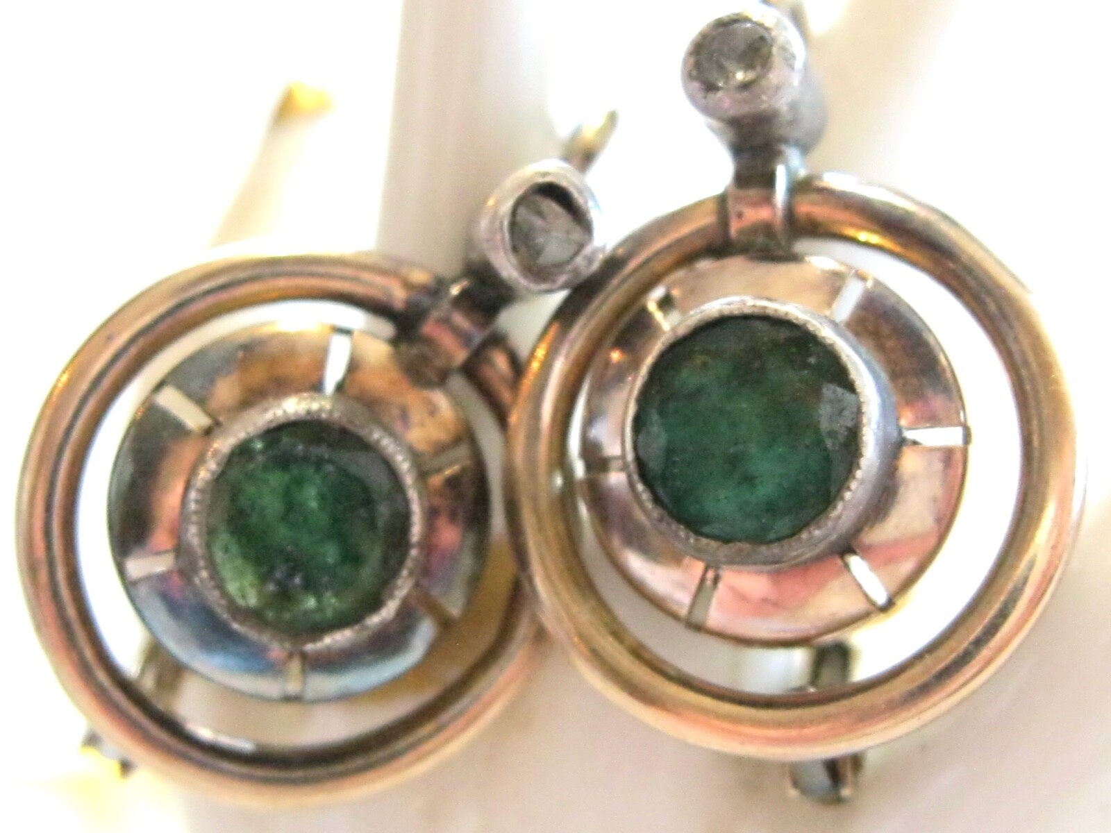 ANTIQUE CIRCULAR EMERALD AND ROSE CUT DIAMOND LEVER BACK GOLD EARRINGS 14K GOLD