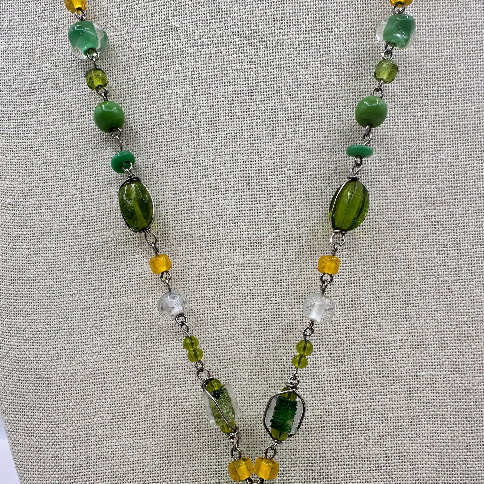 Vintage Green Glass Bead Tassel Necklace Wire Wrapped Yellow Crystal Y Drop Boho