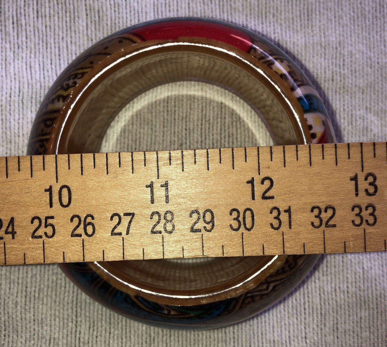 Vintage Colorful Bangle Bracelet Wood And Fabric Under Lucite