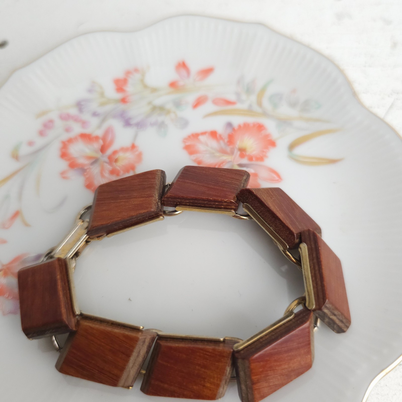 Vtg Modernist MCM Wood Tile Link Bracelet Boho 1960s 70s Earthy Natural Minimal