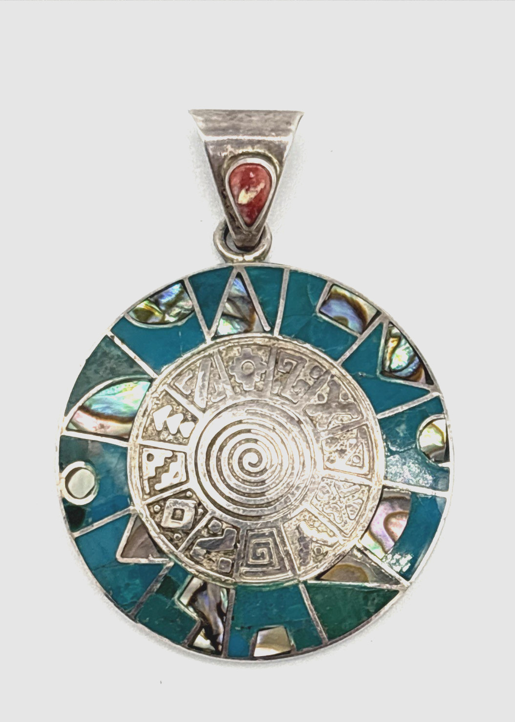 VTG Sterling Silver 950 Inlay Pendant Turquoise / Mother of Pearl 12.06 grams