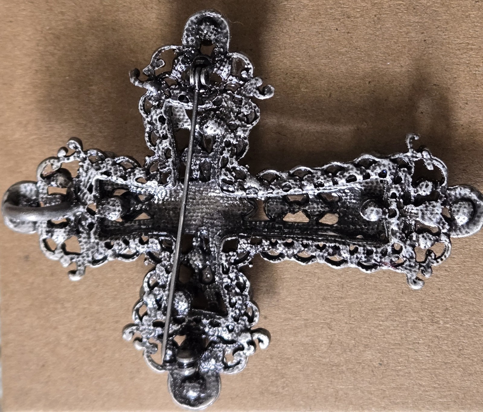 Gothic Cross Brooch Pin Amber Rhinestones Black Silver Tone Filigree 3″