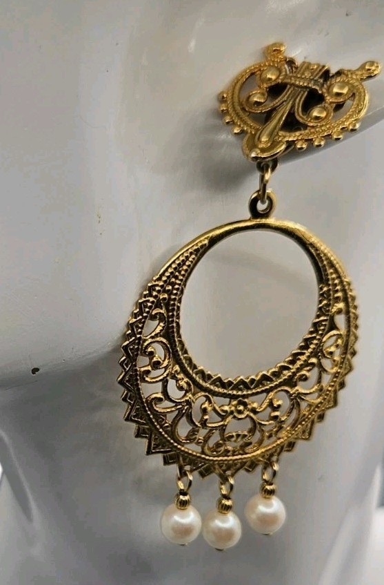 Vintage Gold Tone Earrings Filigree Hoop Faux Pearl Dangle Pierced Post Ornate