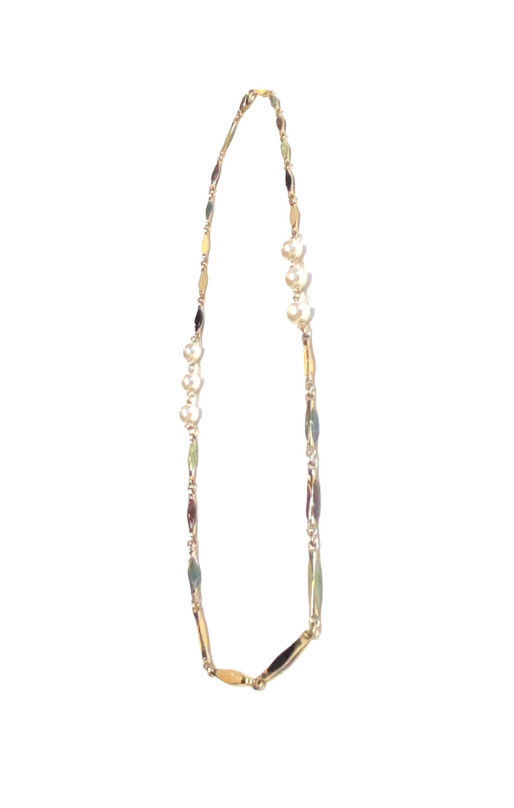 Vintage Gold Tone Multicolor Enamel Bar Link Elliptical Faux Pearl Necklace 25″