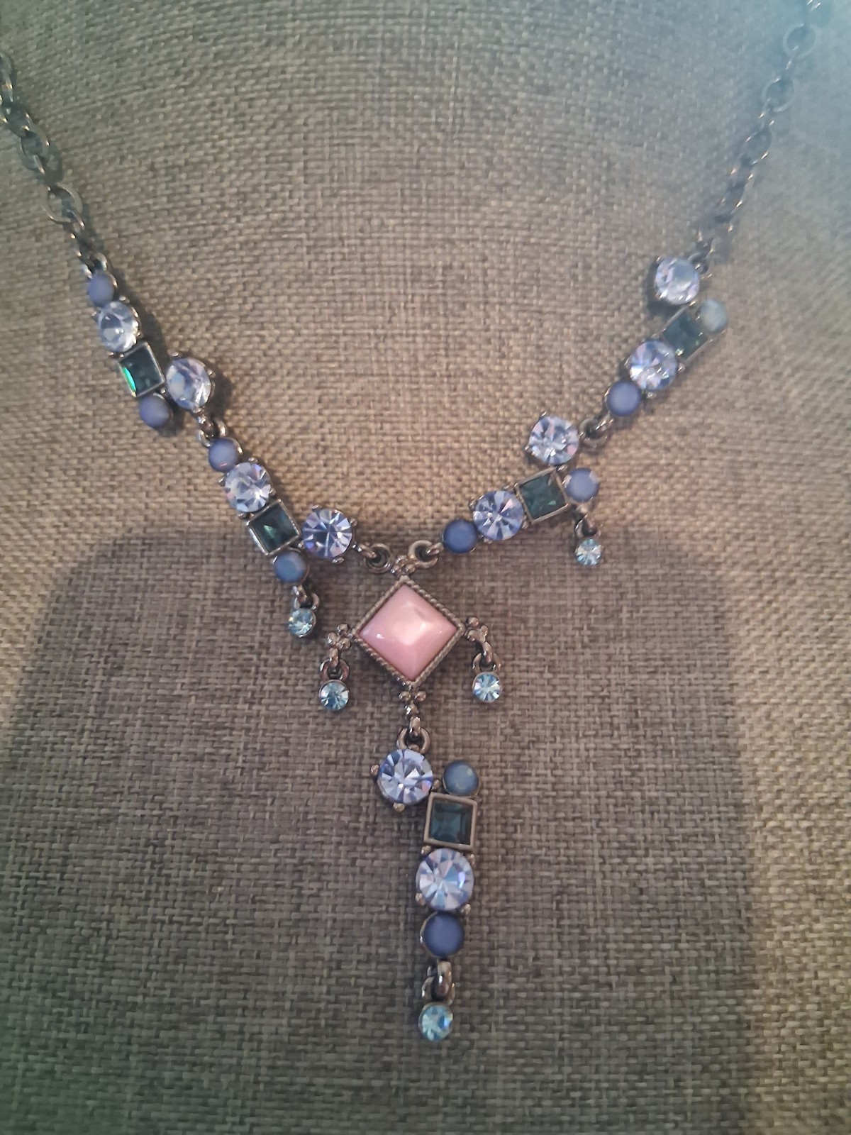 90’s pink moonglow & blue crystal festoon style necklace & dangle drop earrings