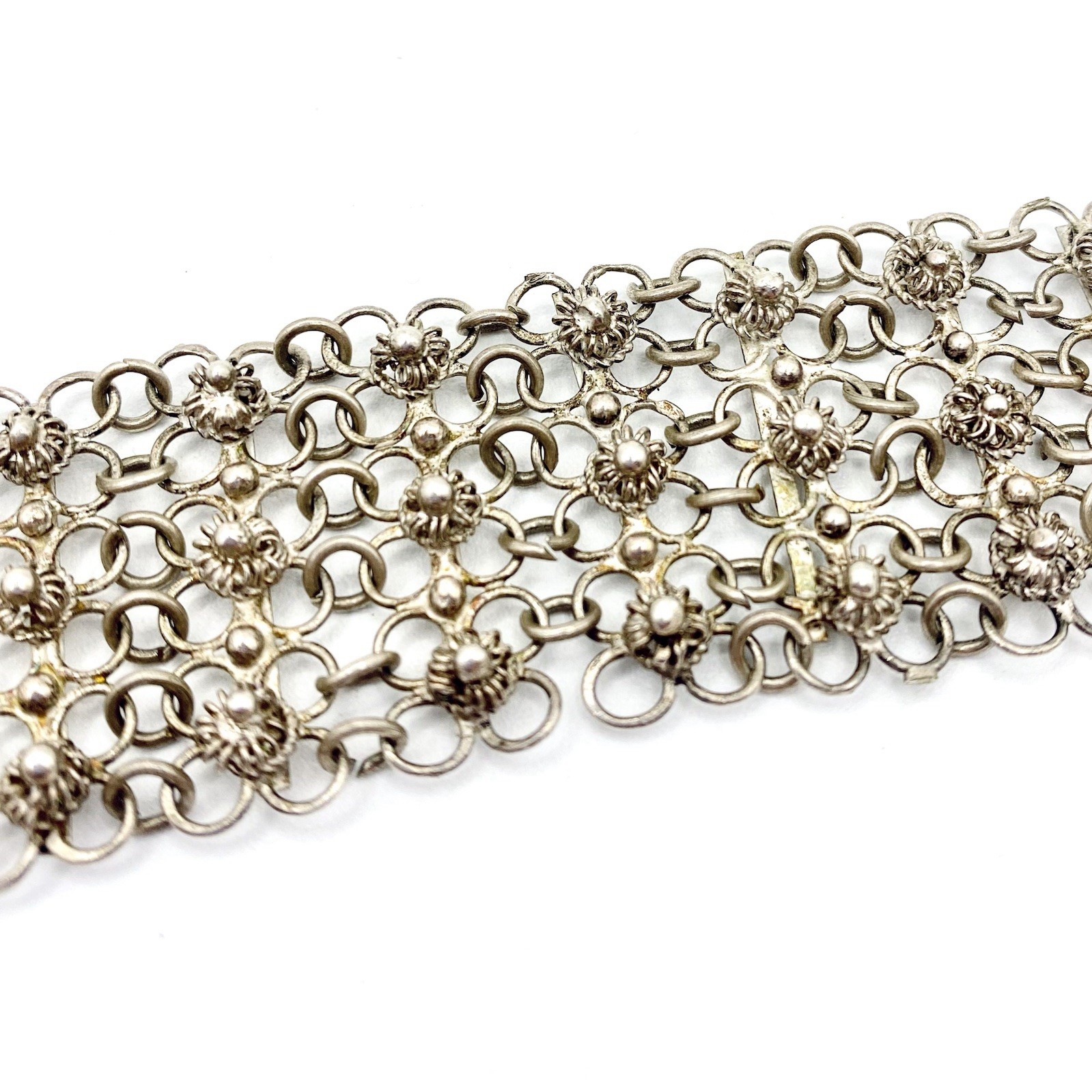 Vintage Sterling Silver Cannetille Filigree Link Bracelet Mesh Etruscan Revival