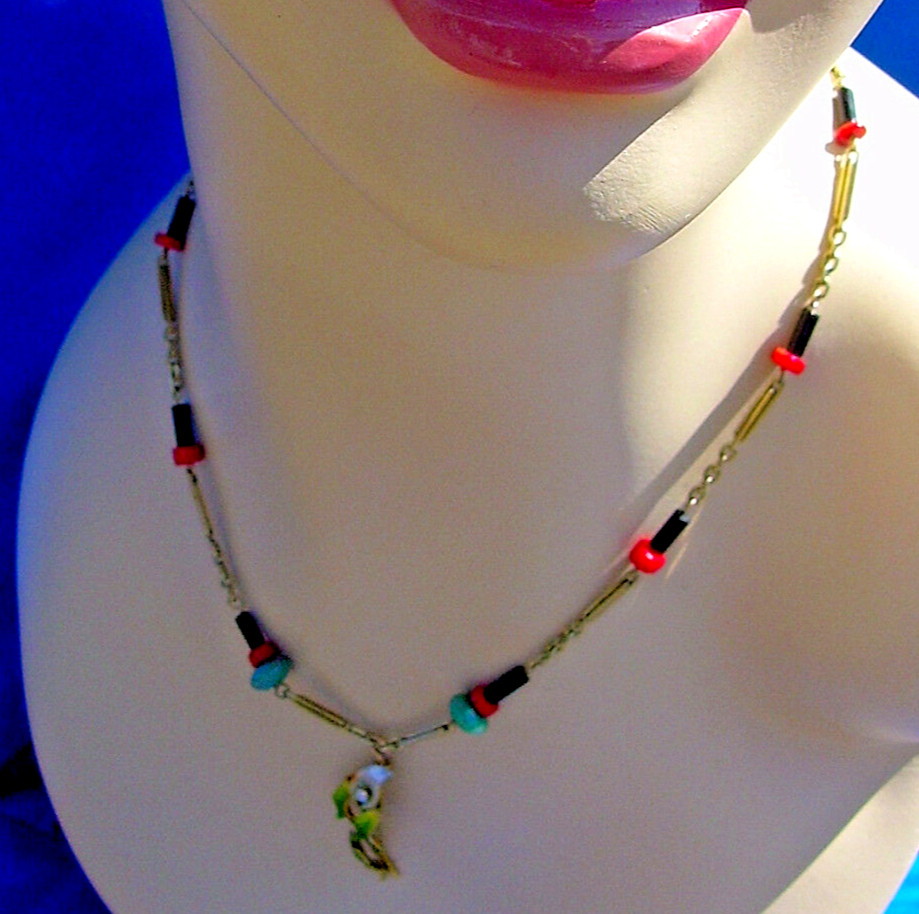 ORIGINAL Antique Deco Diamond Necklace Victorian Jade Onyx Coral Chain 14K GOLD