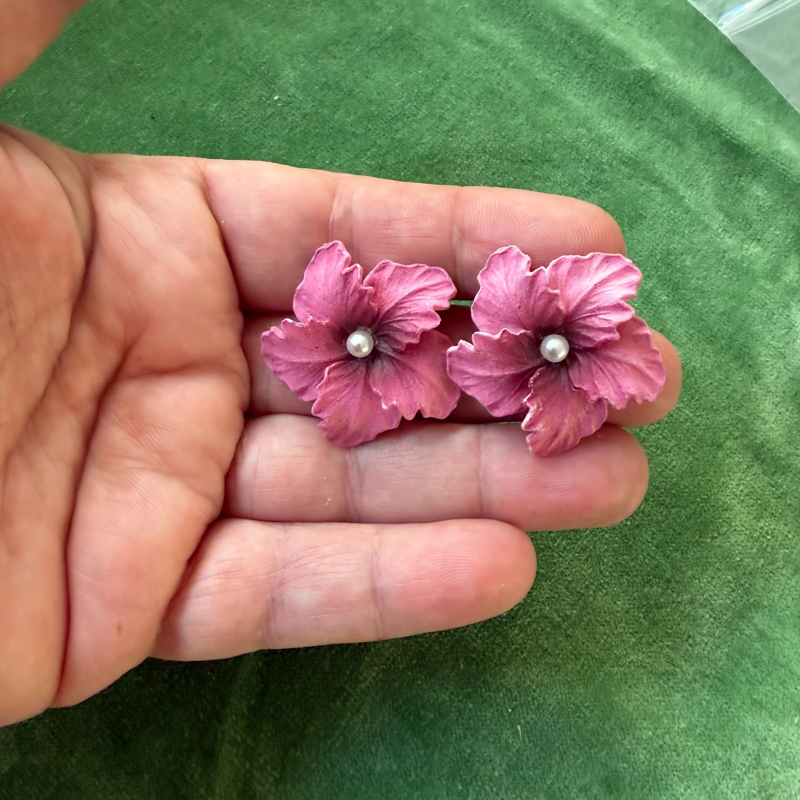 Vintage Celluloid EARRINGS Gesch West Germany Hibiscus Pink Clip On Faux Pearl