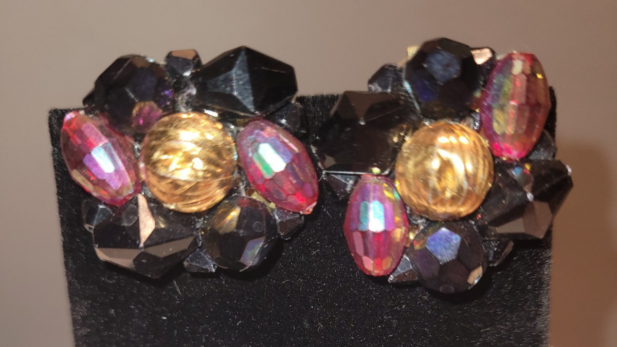 Vintage Blue Purple and Gold Clip Earrings Signed Germany