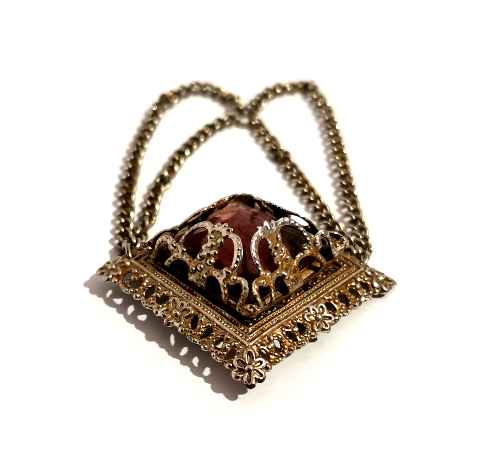 Vintage Czech Pink Glass Brooch Ornamented Brass Chain Pendants Decorated 70s