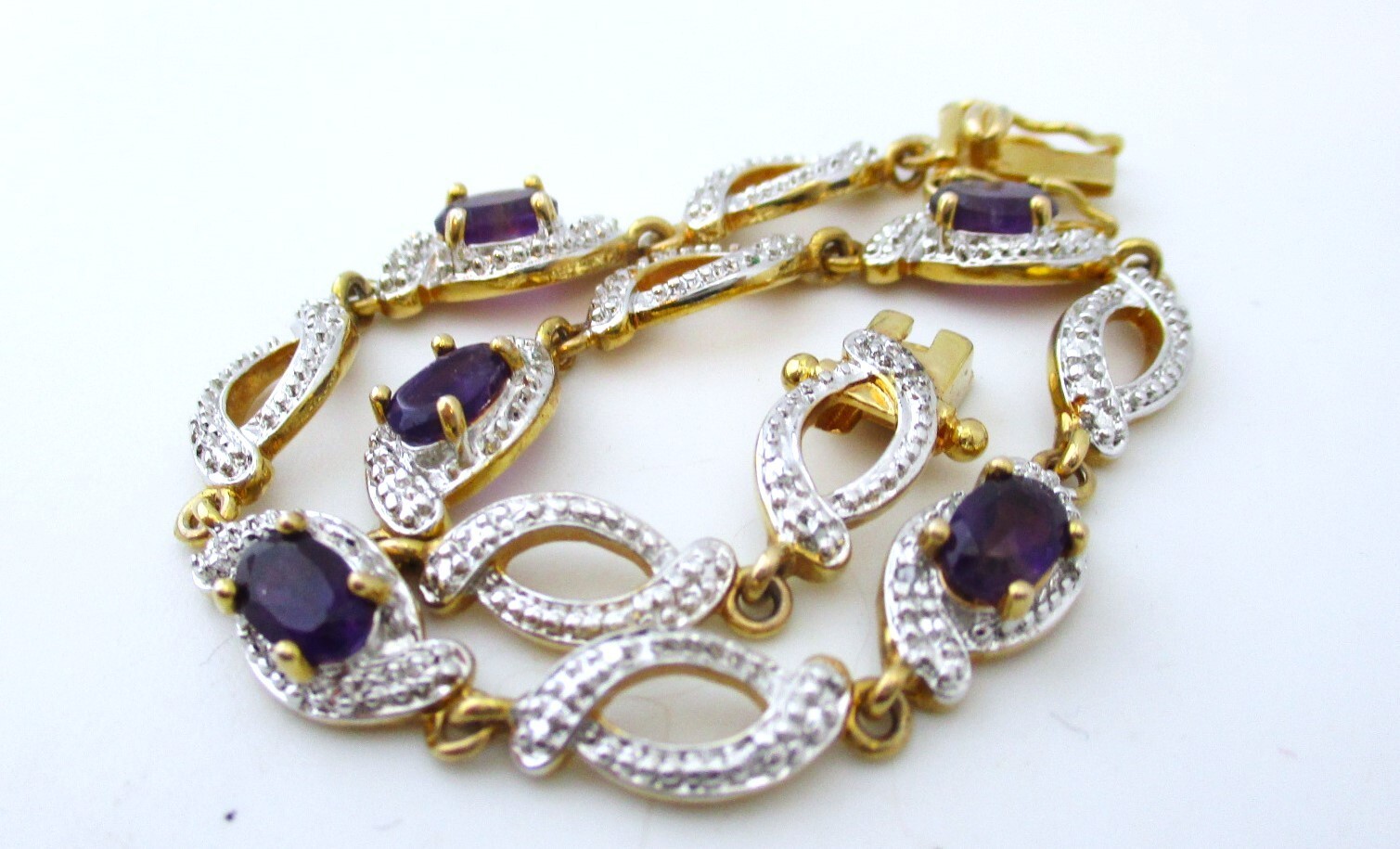 Vintage/Modern Silver & Gold Plated Bracelet Purple Gemstones 925 6211