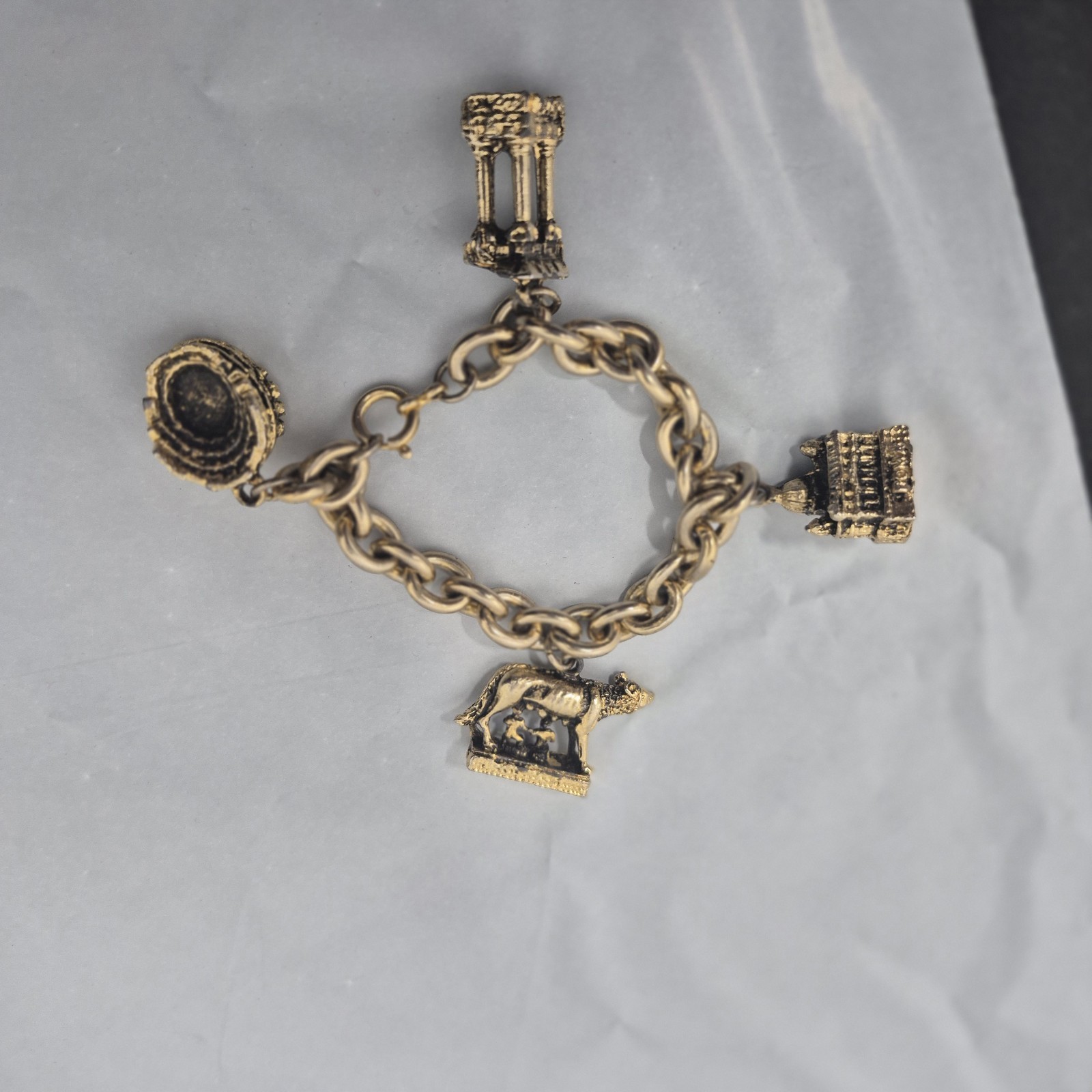 Vintage Brassy Gold Tone Charm Bracelet with 4 Charms Government Buildings