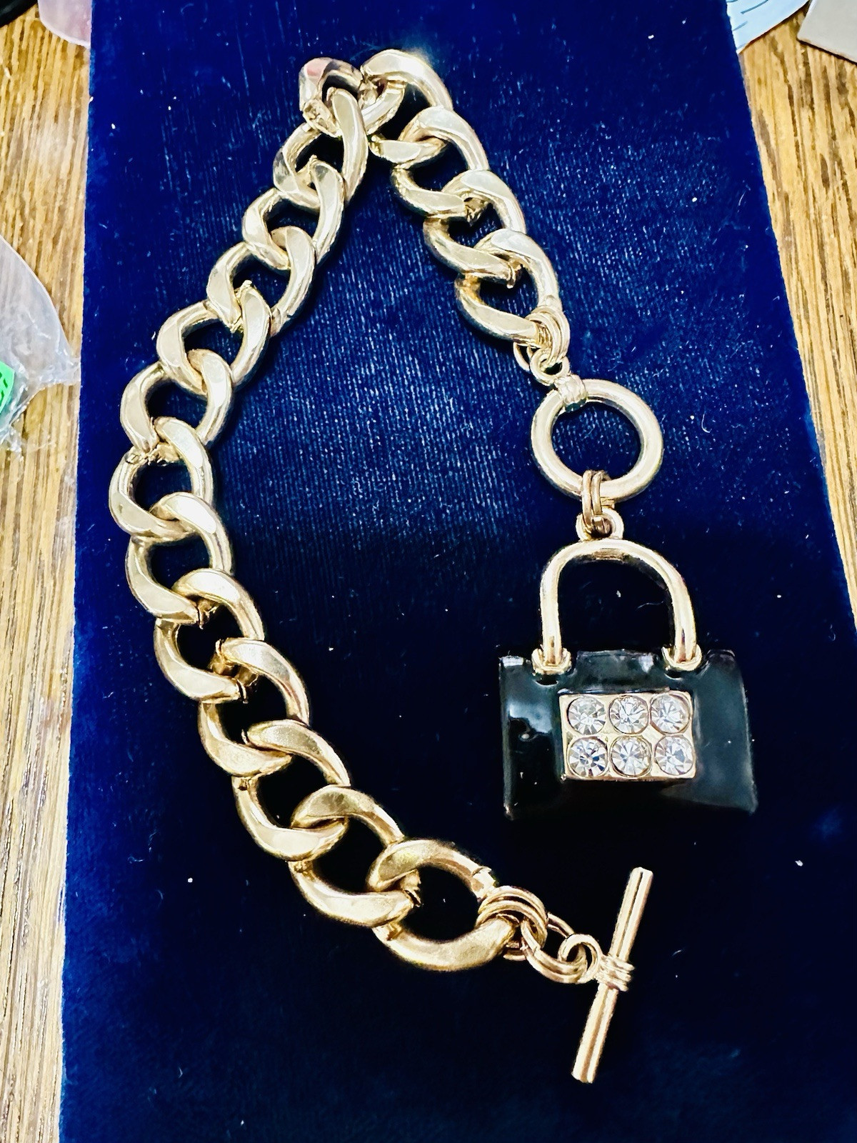 Vintage Gold Tone Round Link Chain Bracelet Purse Charm Rhinestones 8 Inches