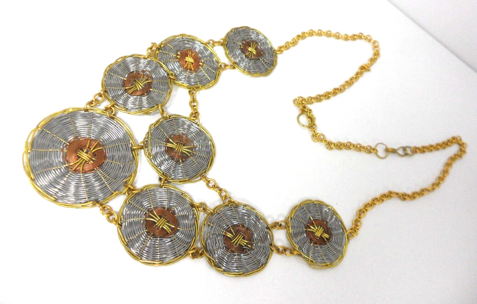 Ethnic Bib Necklace Woven Wire Discs Multi Mixed Metal Copper Shields Medallions