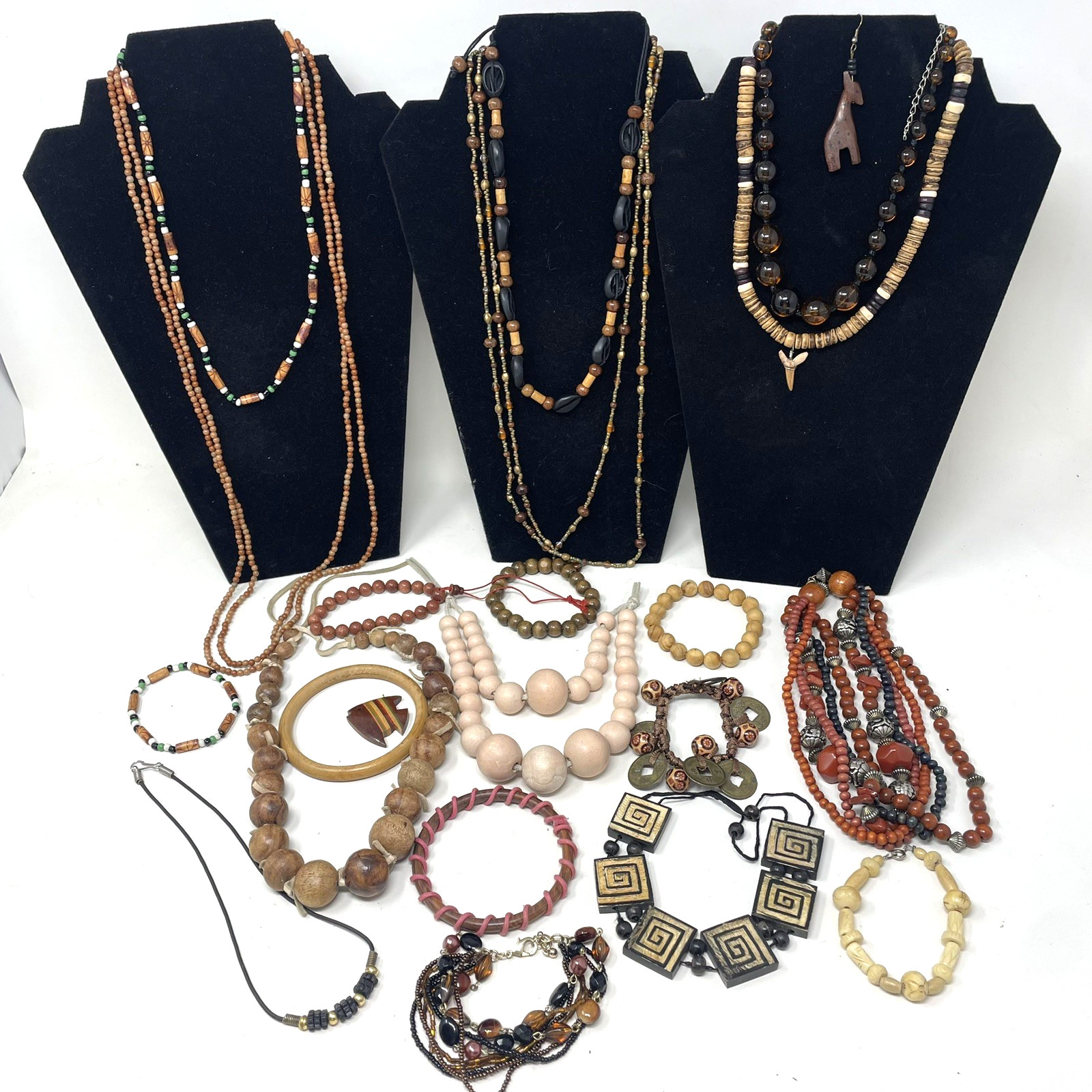 Vintage Estate Necklace Bracelet Lot 23 Brown Tones Mixed Ethnic Moonstone Beads
