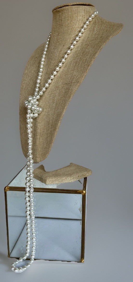 Vintage Rope Length Hand Knotted Faux Glass Pearl Necklace, 8mm Pearls, 56″