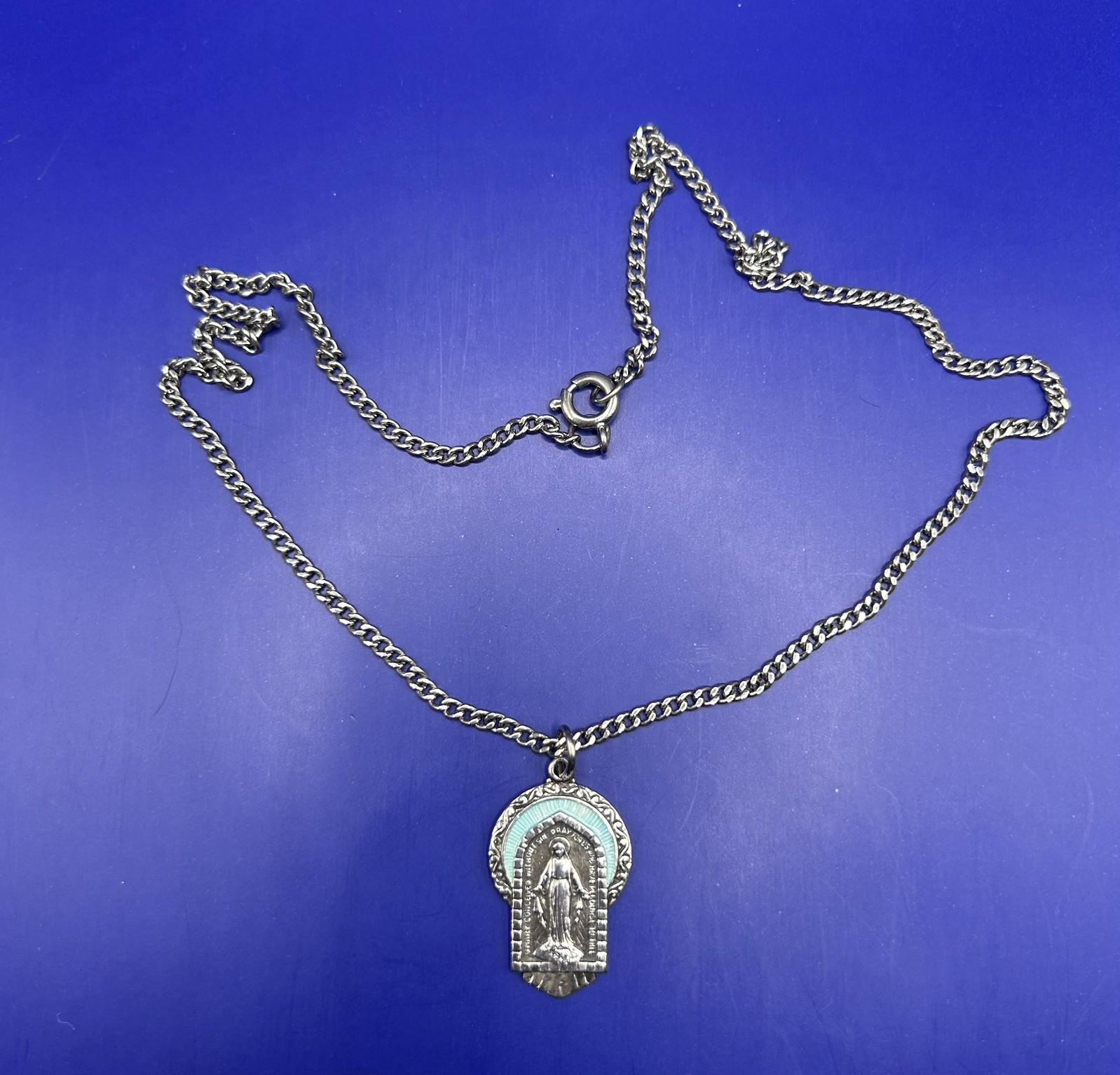 Antique Virgin Mary Pendant And Neck Chain. Sterling Silver with enameling.