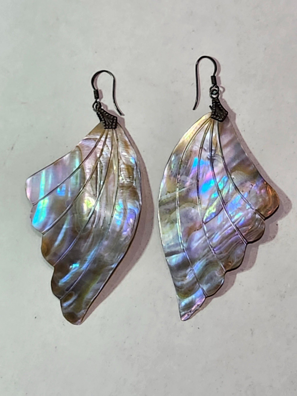 Vntg Sterling Silver Abalone Paua Fan Wings Dangle Drop Earrings Boho Fairy