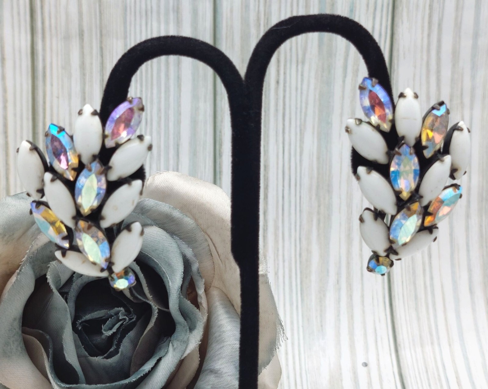 La Roco VINTAGE Milk Glass & AB Navette Crystal Clip On Earrings Large Climbers