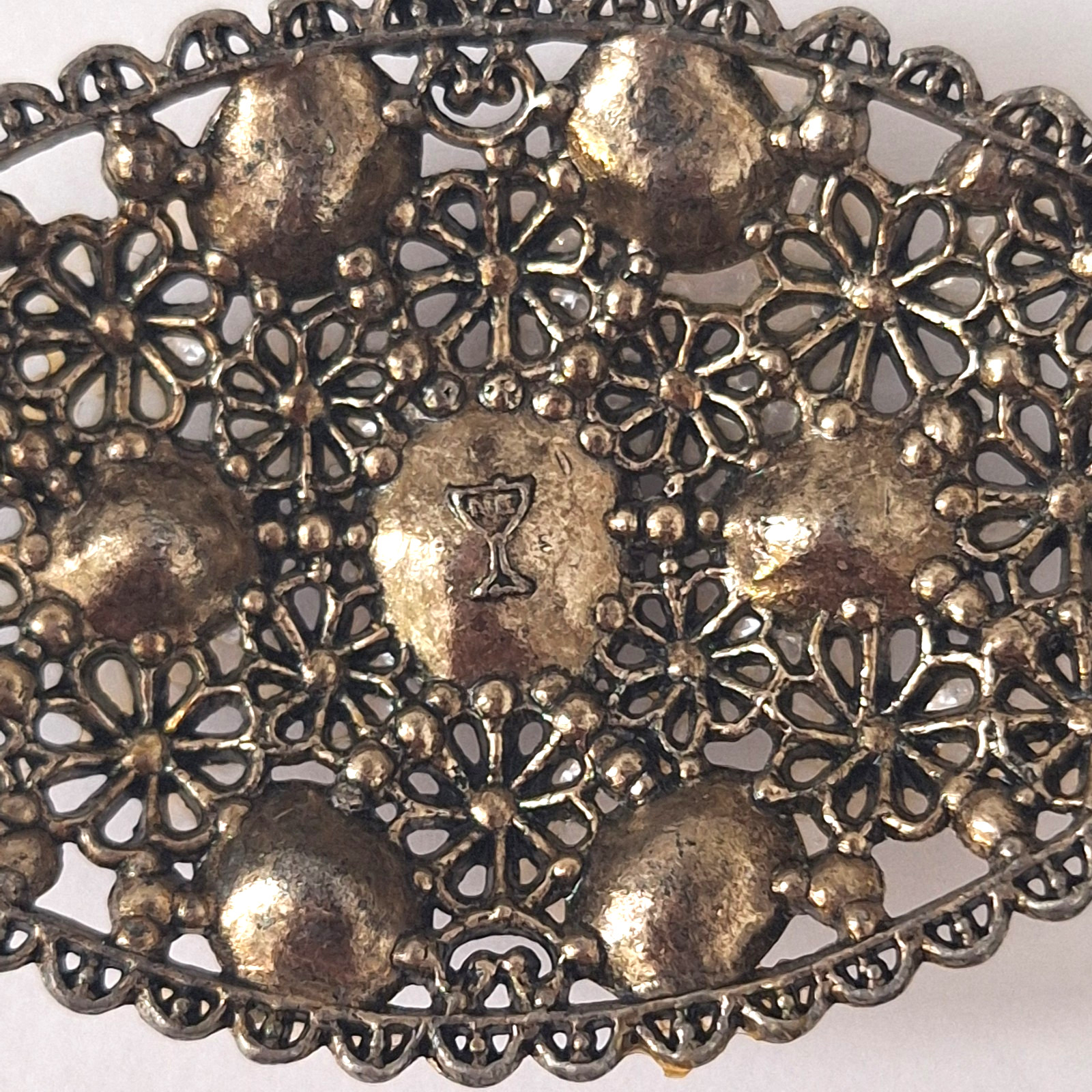 New England Glass Works Brooch Silver Tone Floral Filigree Czech Rhinestones VTG