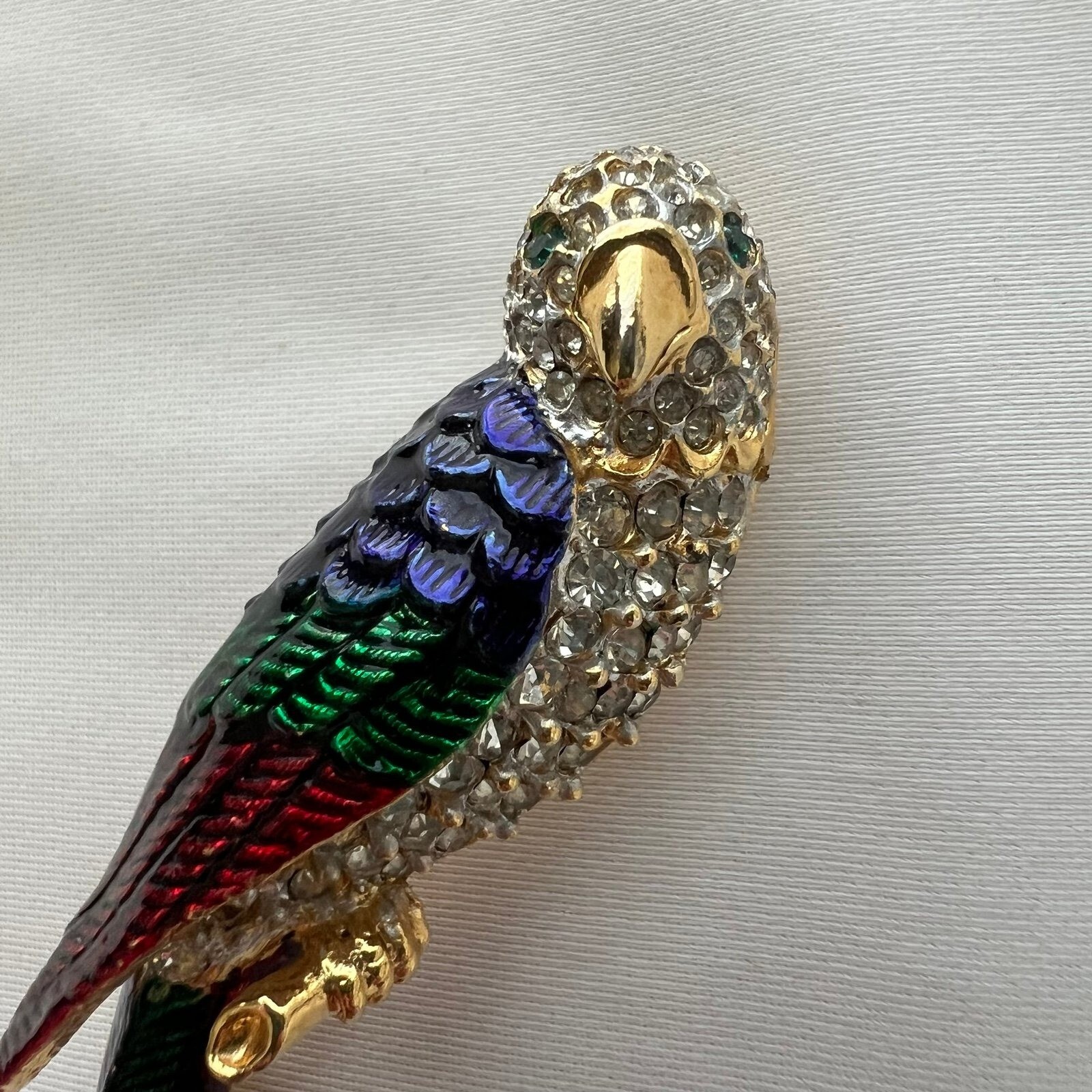 Vintage Pave Rhinestone Parrot Brooch Pin Guilloche Enamel Colorful Macaw Bird