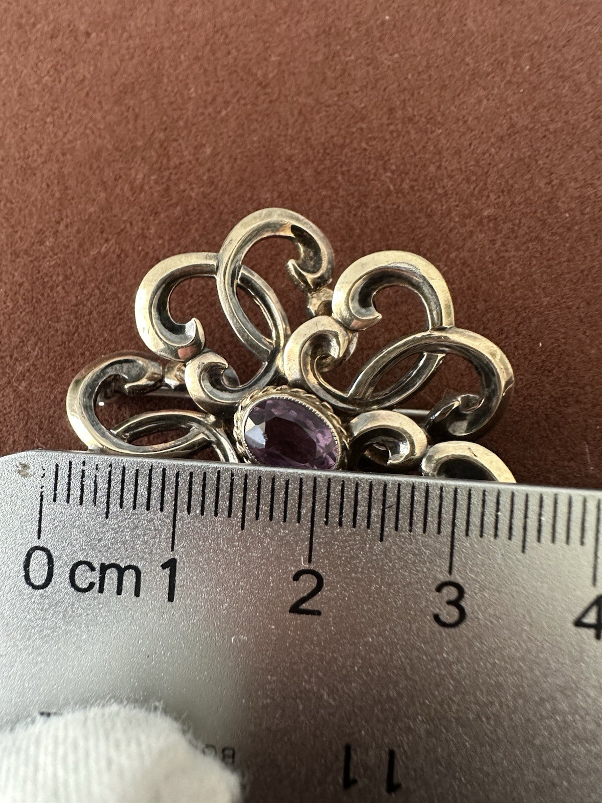 Vintage Victorian Sterling Silver Purple Amethyst Cabochon Gold Plate Brooch