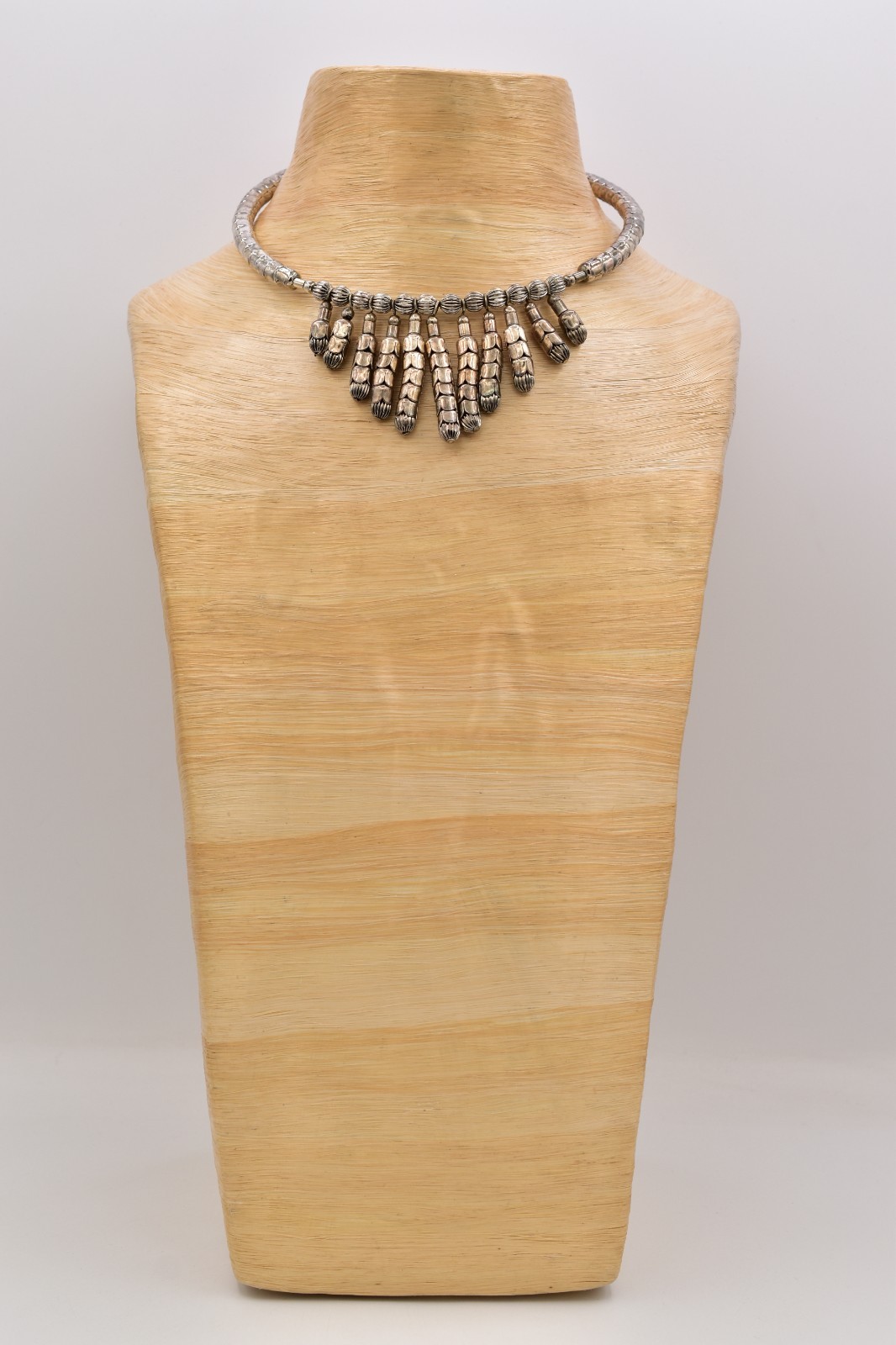 Vintage Silver Choker Fringe Statement Necklace Tribal Dangle Bib 1970s Bin3B