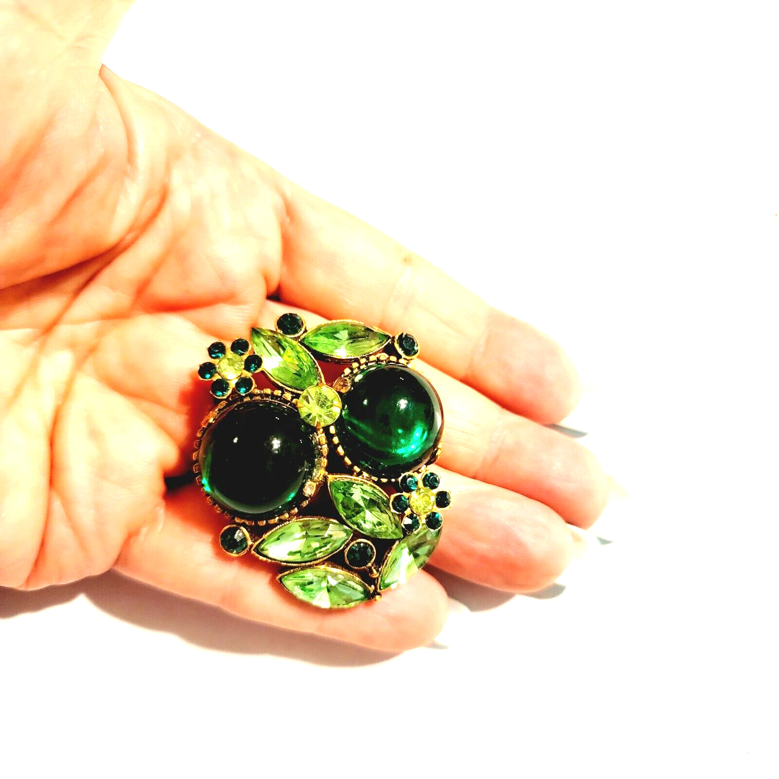 Vintage Large Gripoix Rhinestone Brooch Pin, Green Glass Floral Mogul Jewelry