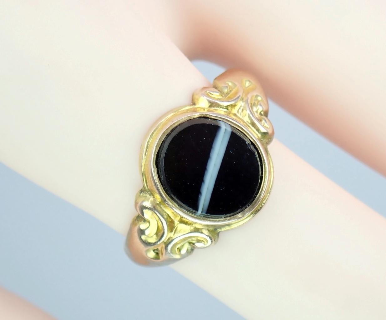 Fine Antique Edwardian Solid 9K Rose Gold Banded Agate Signet Pinky Ring 1904 8