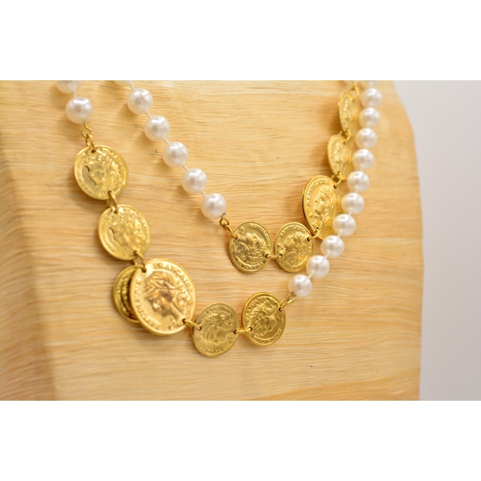 Vintage Pearl Coin Station Necklace Gold Linked White Beaded NOS 1990s BinA12