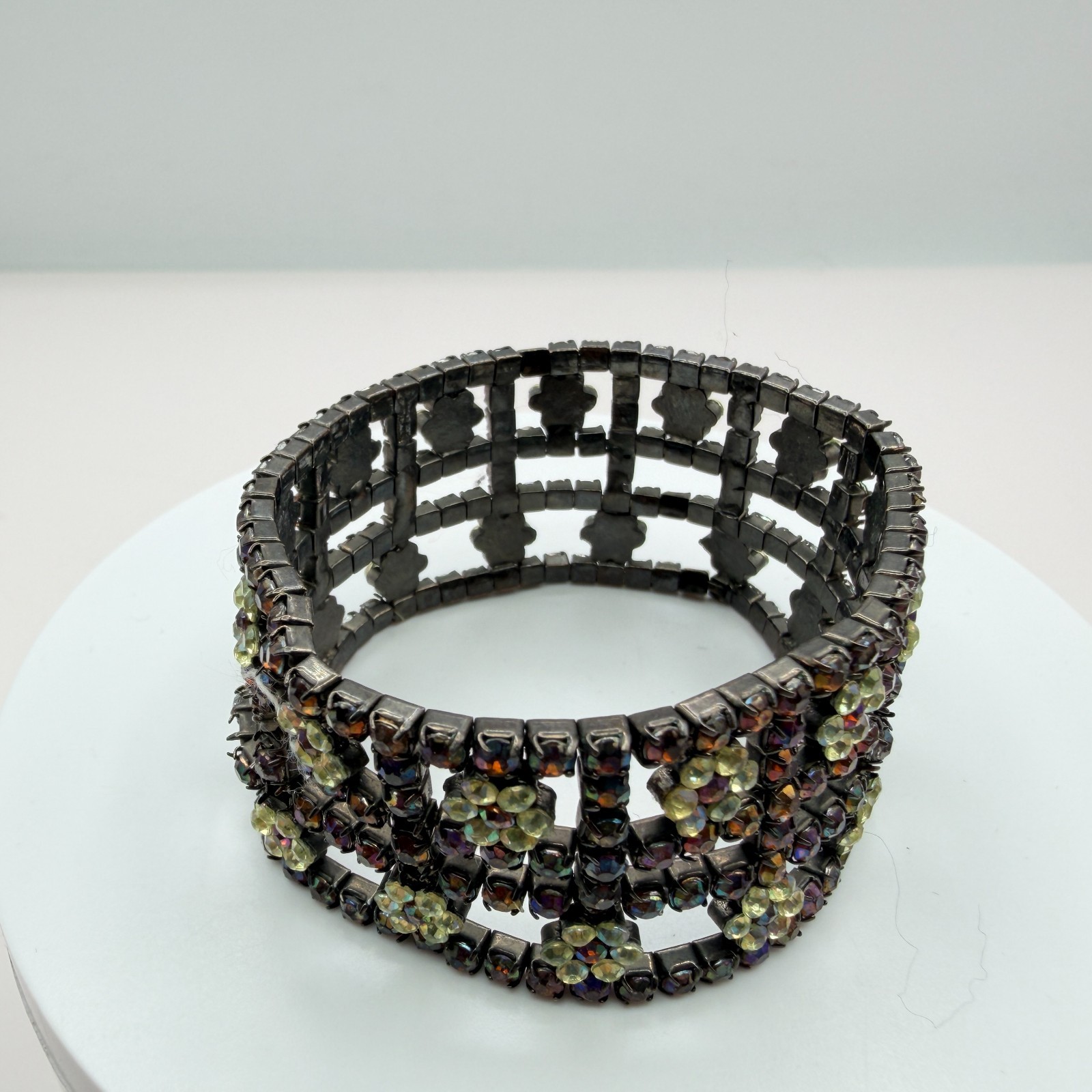 Vintage Gunmetal Rhinestone Cuff Bracelet Floral Grid Statement AB Y2K 90s Goth