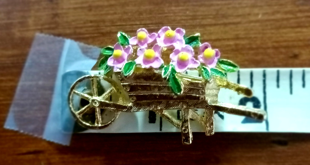 GERRY’S* BROOCH Gold Tone Wheelbarrow with Pink Flowers