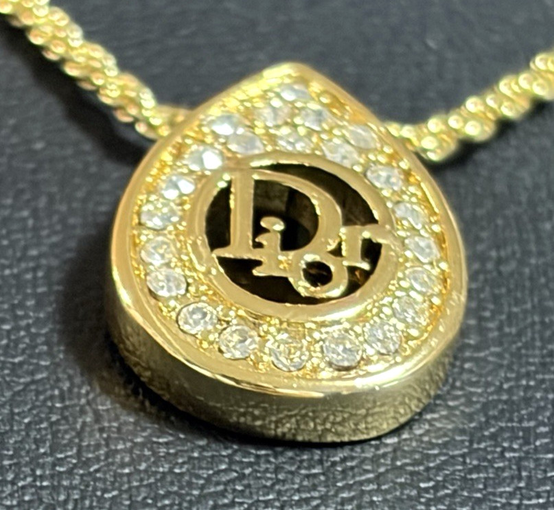 Christian Dior necklace pendant with CD logo rhinestones gold plated teardrop